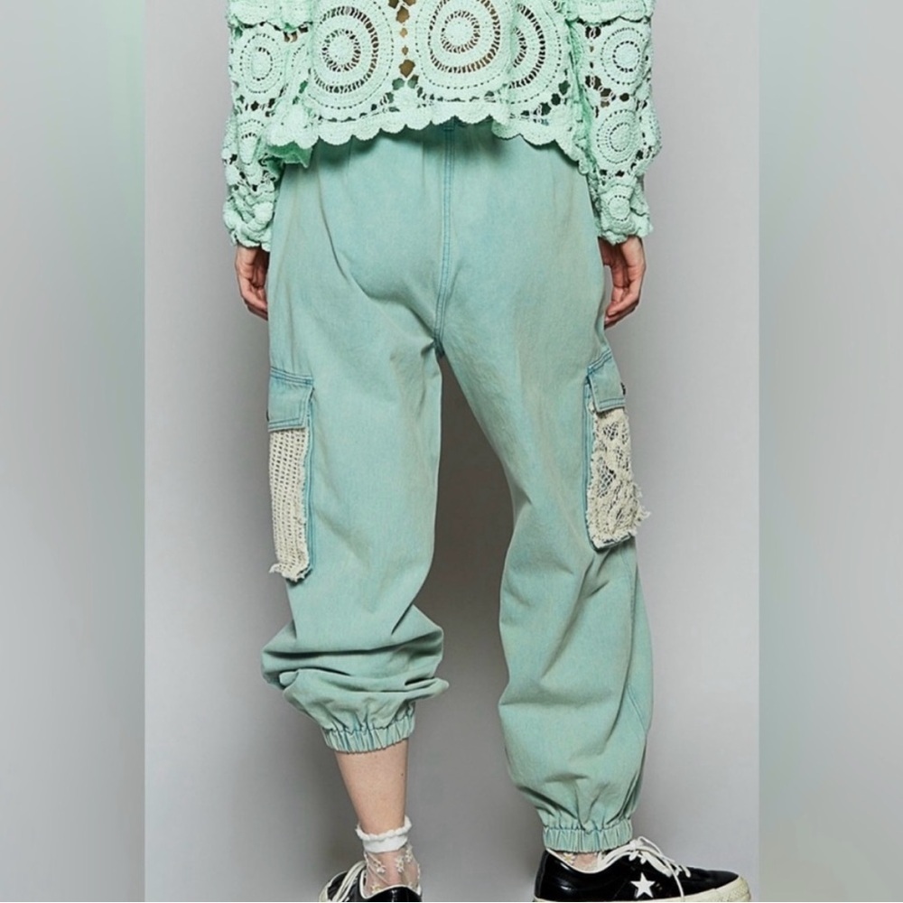 POL Mint Green Distressed Crochet Patch Jeans - Picture 3 of 5
